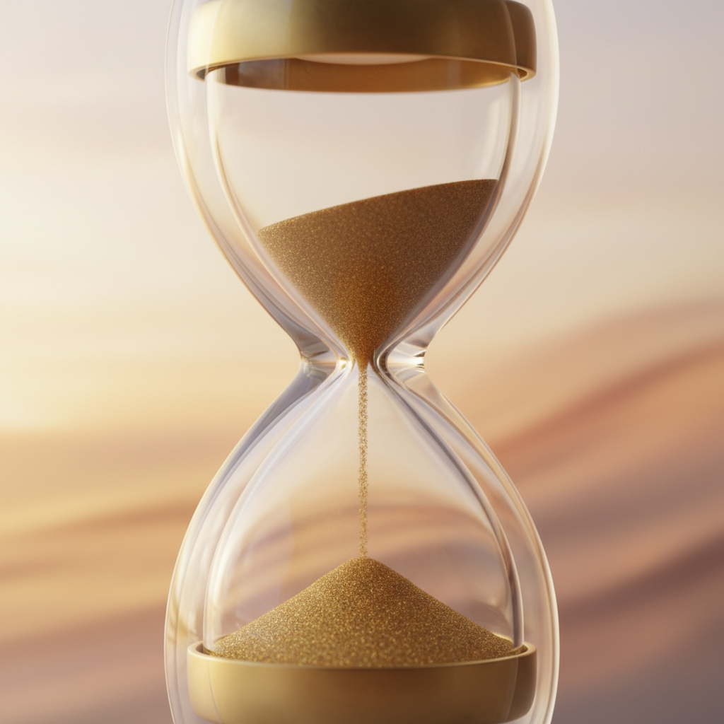 conceptual art of an hourglass with golden sand, soft focus, timeless, patience, waiting, warm gentle background