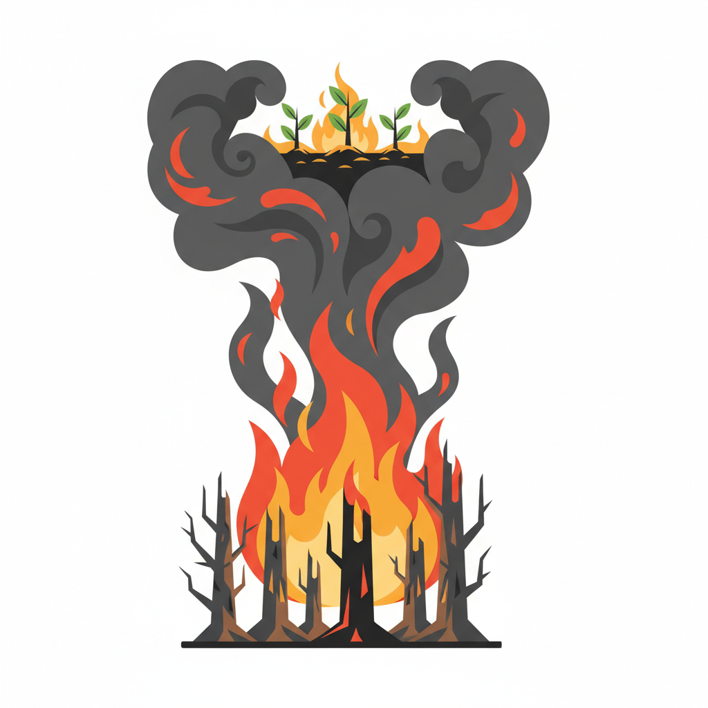 Illustration of a forest fire loop: dry trees, fire consuming them, and smoke rising, stylized vector art, bold colors orange and charcoal gray
