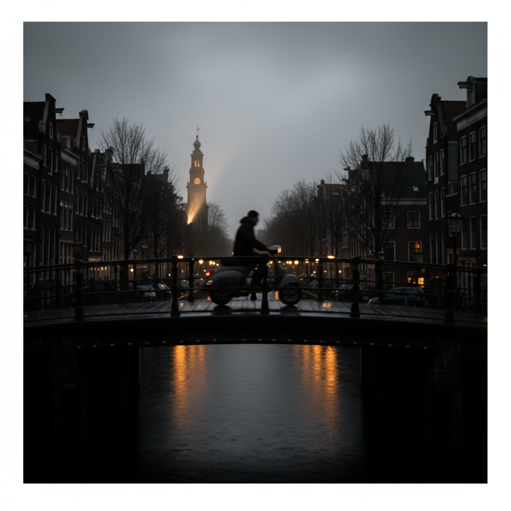 A blurred silhouette of a man on a scooter in Amsterdam, cinematic noir style, mystery