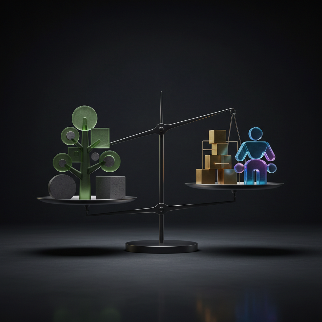 Conceptual minimalist photography showing a balance scale involved with abstract geometric blocks, representing environment, economy, and society, dark background, professional style