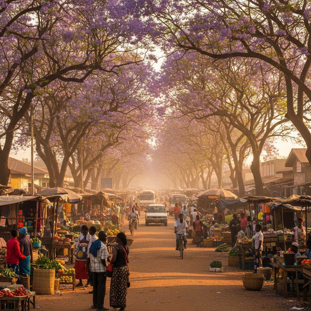 Atmospheric street view of Lusaka, Zambia, with jacaranda trees, sunlight, bustling market stalls, warm color palette