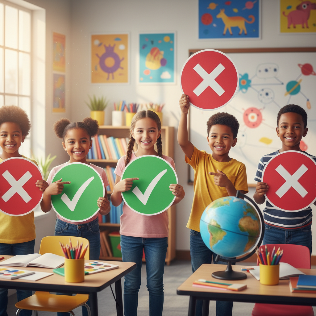 School children holding signs with True and False marks, smiling and learning, colorful classroom background