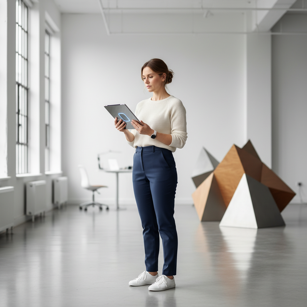 Professional portrait of a designer in a bright modern studio, minimal aesthetic, wearing smart casual, looking at a prototype, shallow depth of field