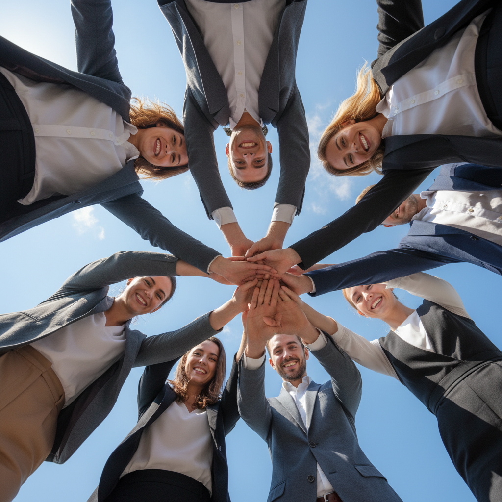 Low angle shot of a diverse business team standing in a circle putting their hands in the middle, smiling down at the camera, bright lighting, blue sky background, symbolizing unity and success