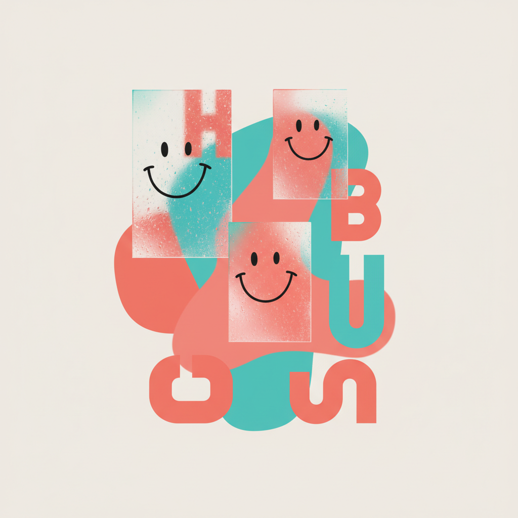 Collage of brand identity elements: coral pink and turquoise shapes, smiley faces drawn on steamy mirrors, modern typography, playful and clean aesthetic.