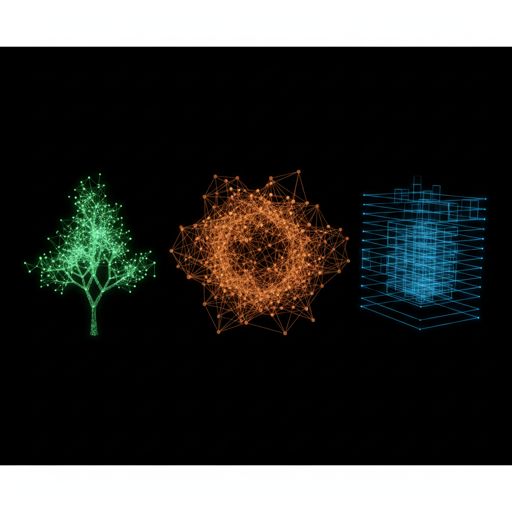 Abstract 3D representation of three data structures: a glowing green tree, a complex orange web graph, and tidy blue floating grids, black background