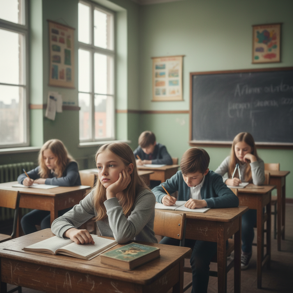 A group of school students looking bored in a traditional, dull classroom setting, longing for adventure, soft lighting, depth of field, high quality photography