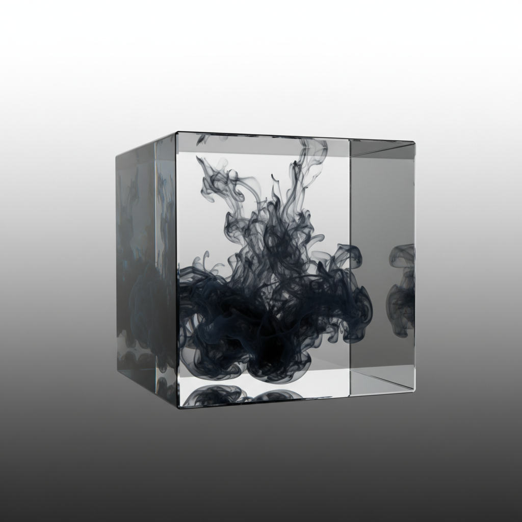 An abstract 3D composition showing a rigid, perfect suspended geometric cube made of glass, containing a chaotic, swirling dark smoke or liquid inside it. Minimalist, high contrast, studio lighting, clear background.