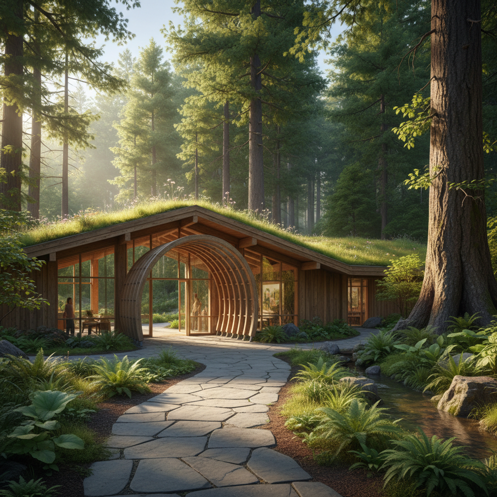 serene entrance of a nature education centre, lush green forest background, sunlight filtering through trees, photorealistic, wide angle