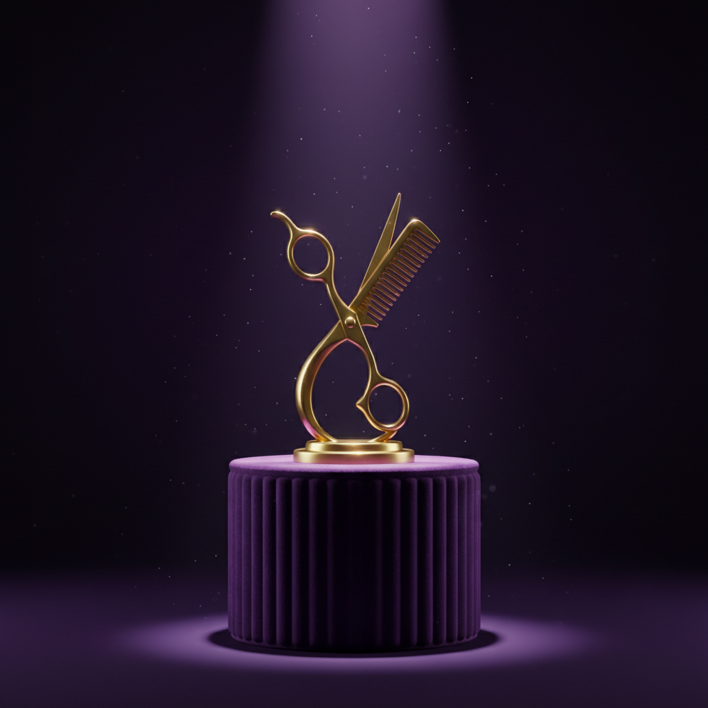 Cinematic photo of a golden trophy shaped like stylized scissors and a comb on a velvet pedestal, spotlight, dramatic lighting, purple background