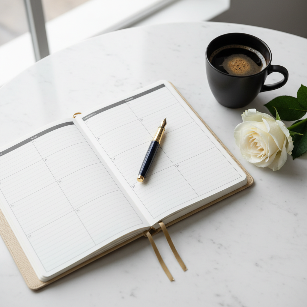Editorial photography shot of an open luxury planner on a white surface, with a high-end fountain pen, a fresh flower, and a cup of coffee. Minimalist, chic, organizational porn style.