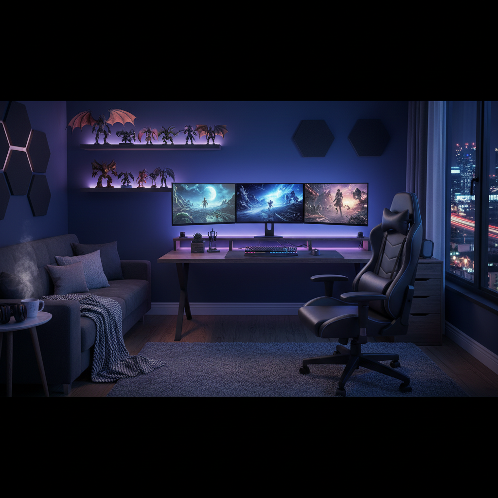 Night city vibe or cozy gaming room at night