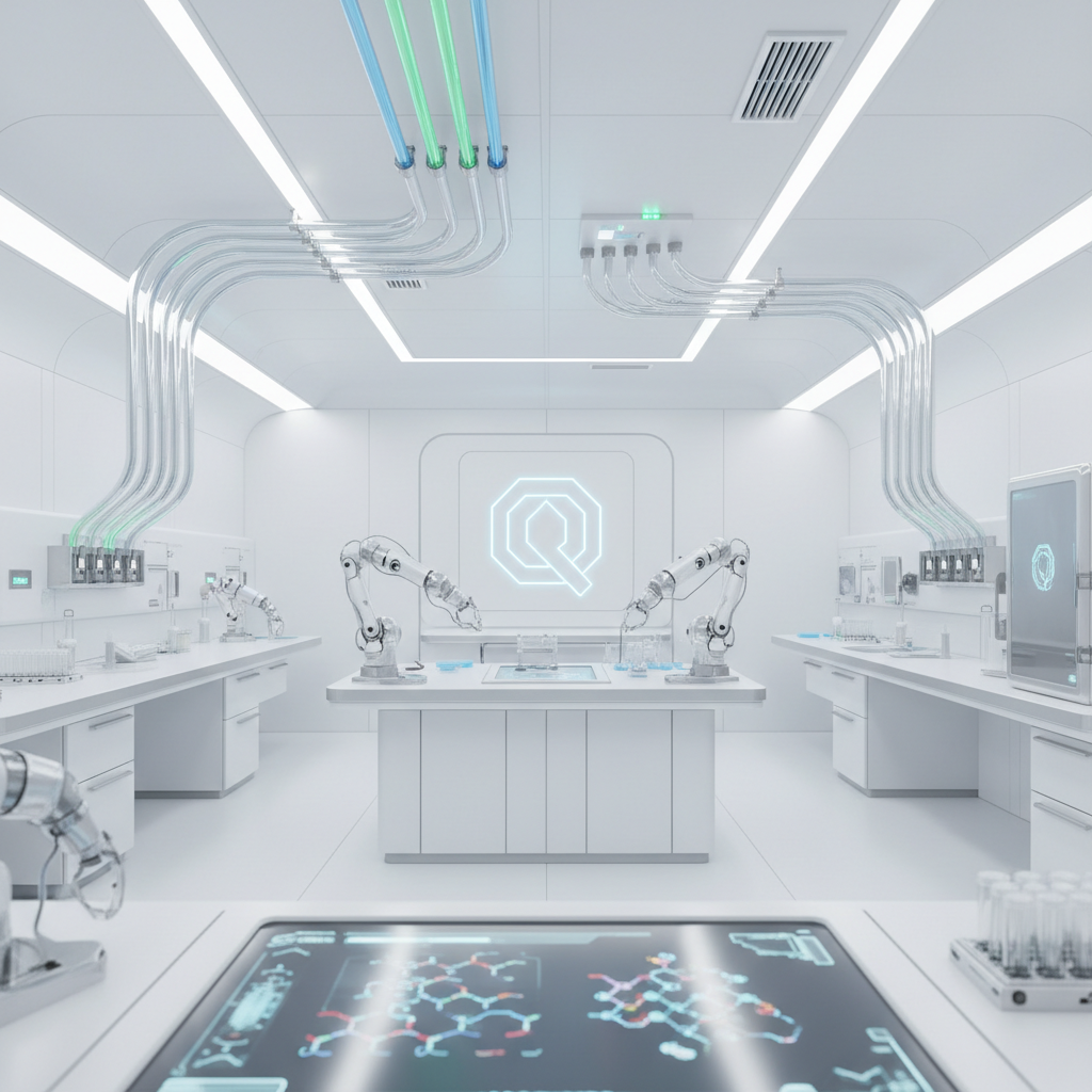 Futuristic clean laboratory or food testing facility, white surfaces, bright light, symbol of innovation and quality