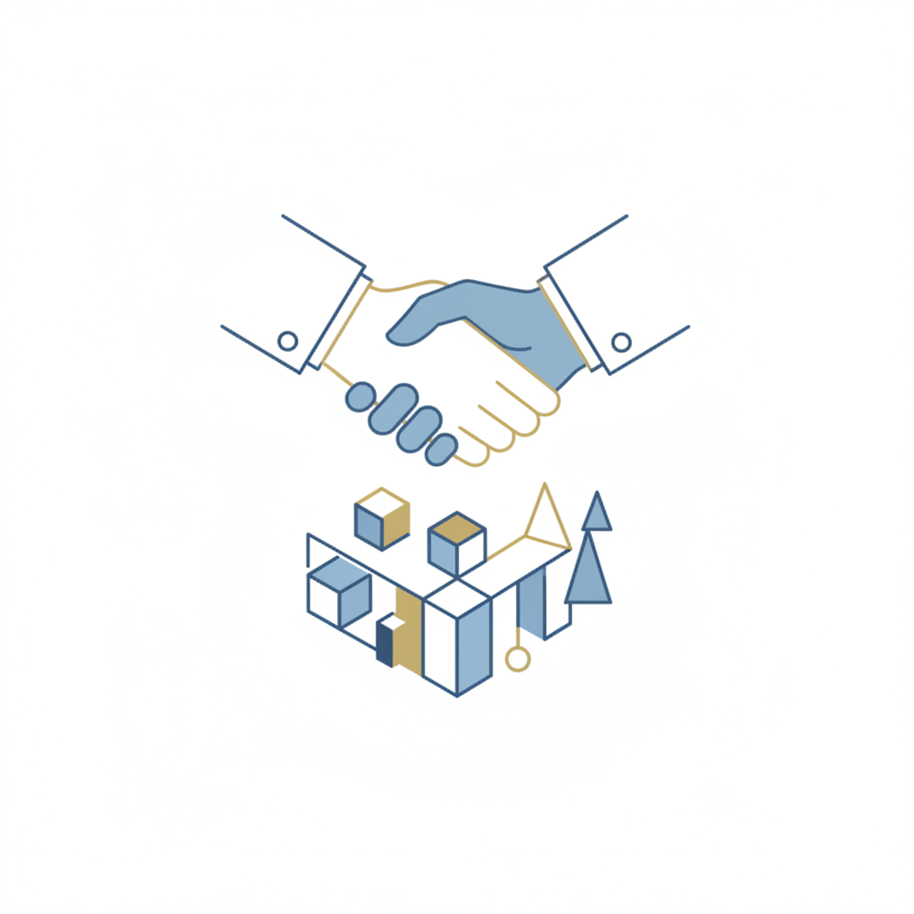 Minimalist illustration of two hands shaking over an abstract geometric structure representing assets, white background, corporate style, soft blue and gold colors