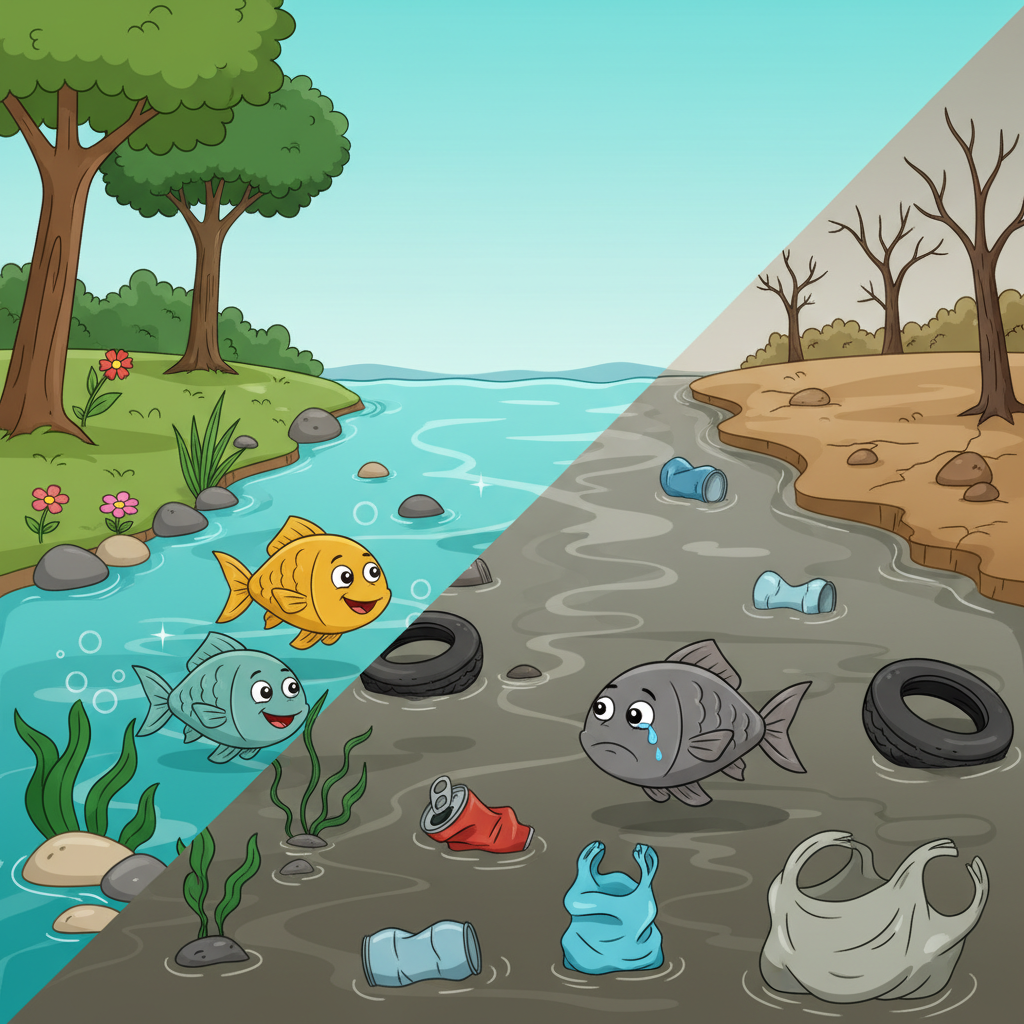 Illustration showing a contrast: one side a beautiful clean river with happy fish, the other side a dirty river with plastic bottles and a sad fish, educational cartoon style