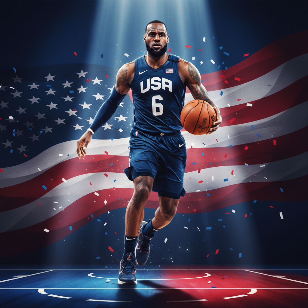 LeBron James in Team USA jersey, patriotic lighting