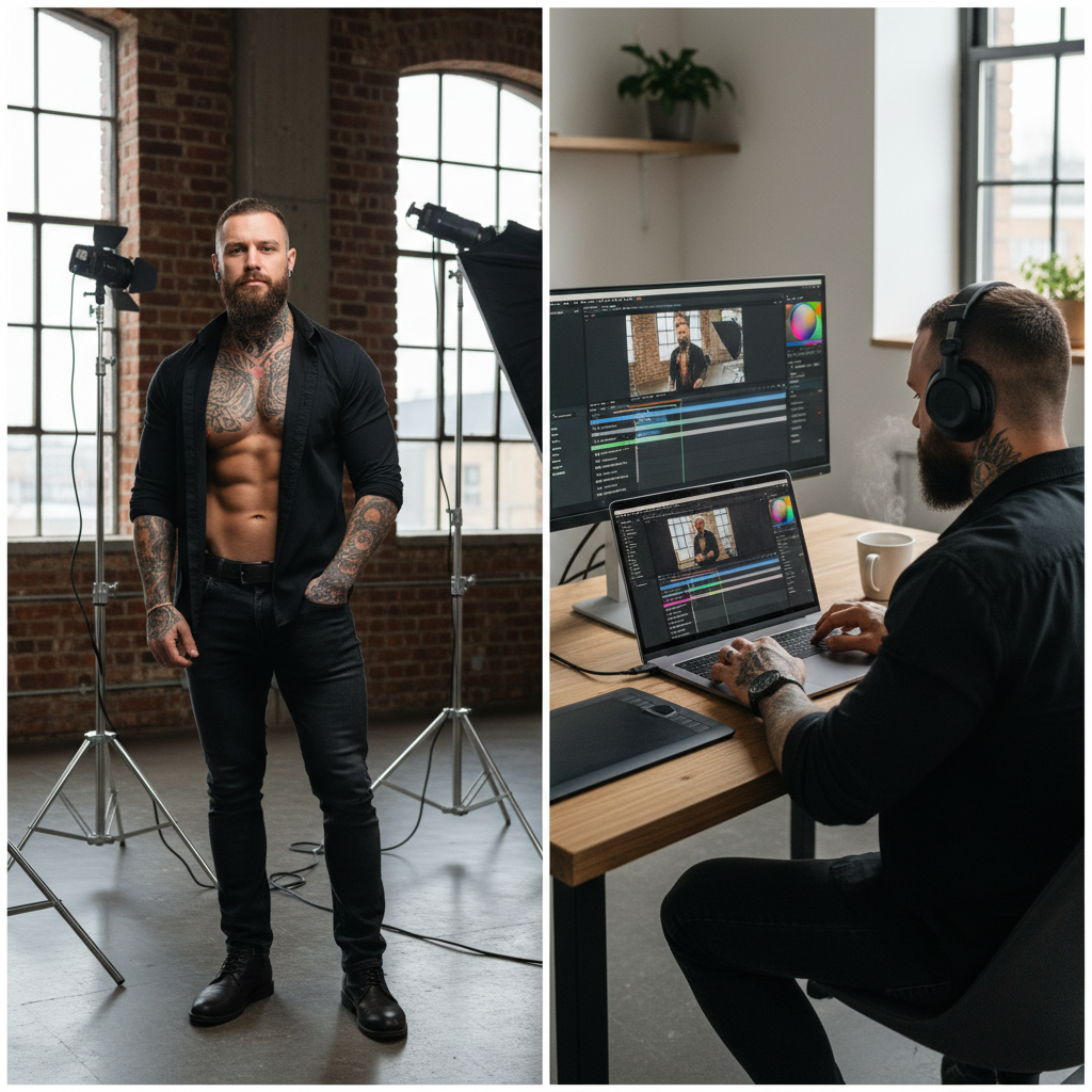 Split screen concept: Left side shows a raw photoshoot of a tattooed man, Right side shows the model editing video on a laptop, professional creative workflow