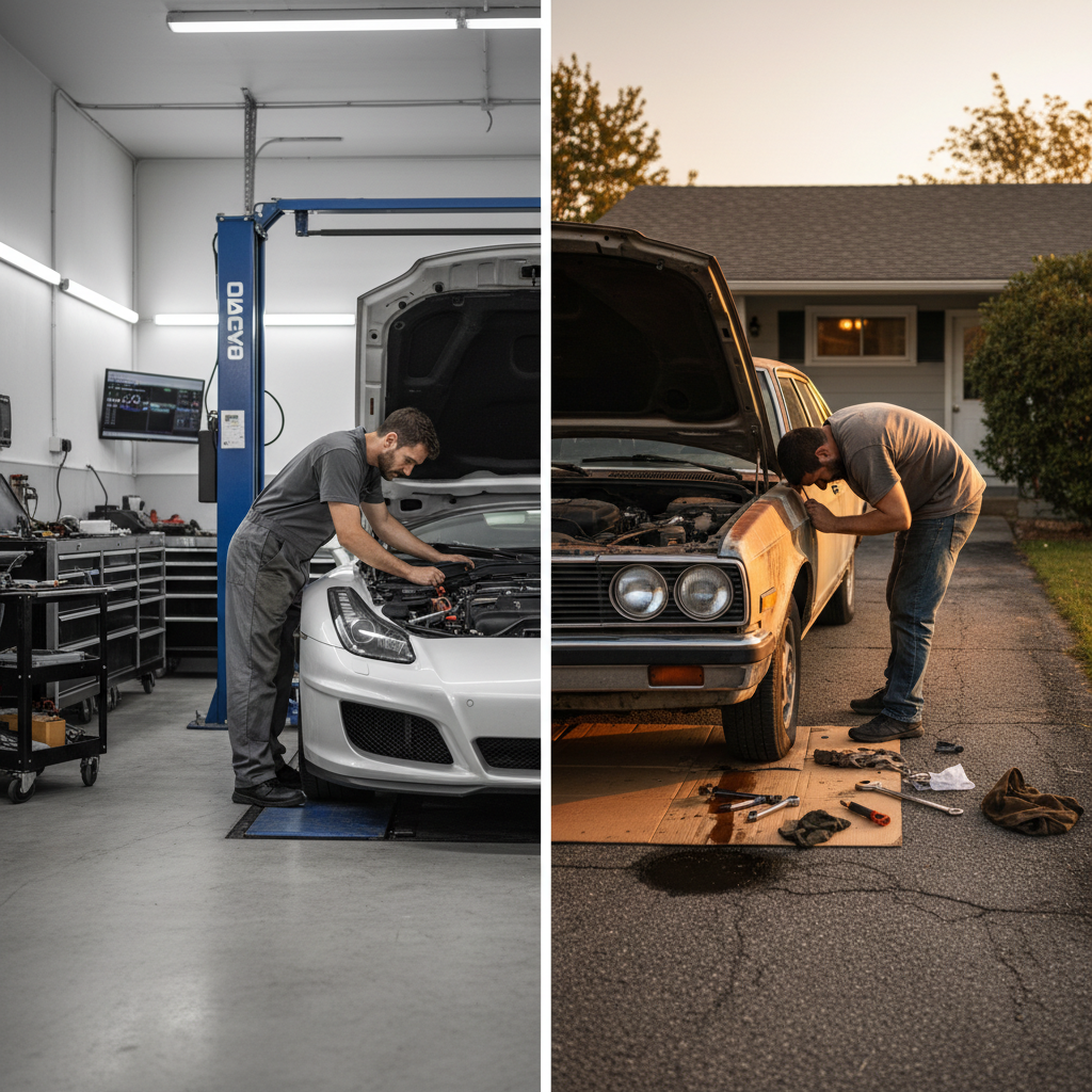 Split screen view: One side shows a professional mechanic working in a clean garage, other side shows an individual working on a car in a home driveway, realistic style