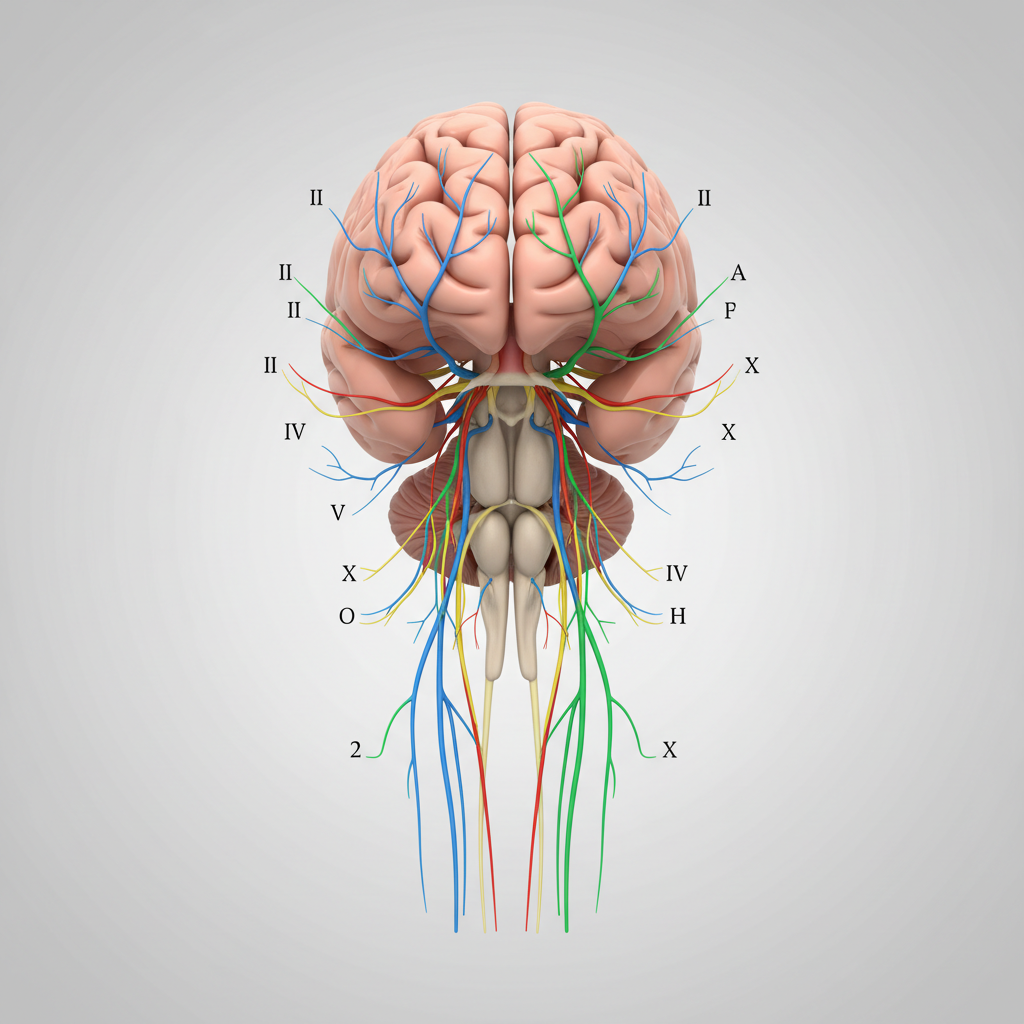 Detailed anatomy illustration of the human brainstem, highlighting cranial nerves, clean medical diagram style, neutral background, photorealistic 3d render
