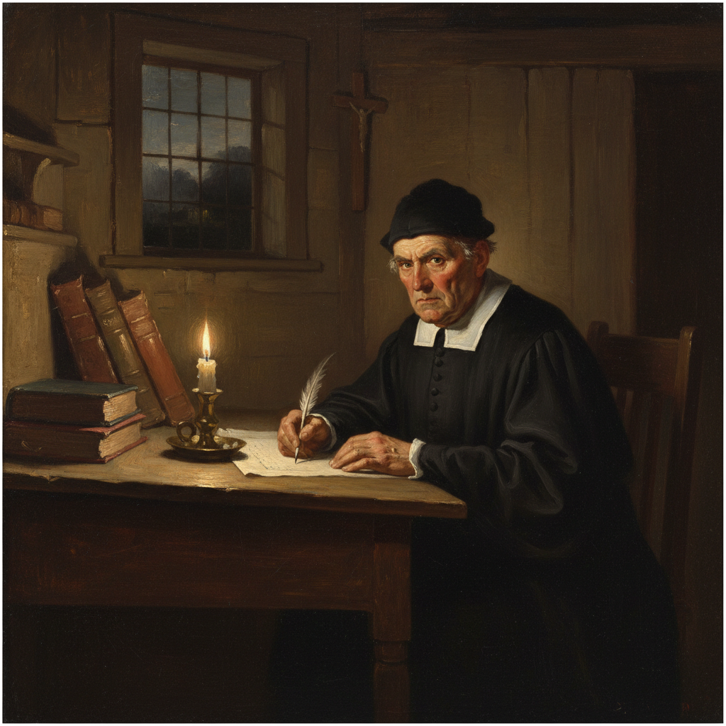 Oil painting style portrait of a Puritan minister from the 17th century sitting at a rough wooden desk writing on parchment by candlelight, austere room