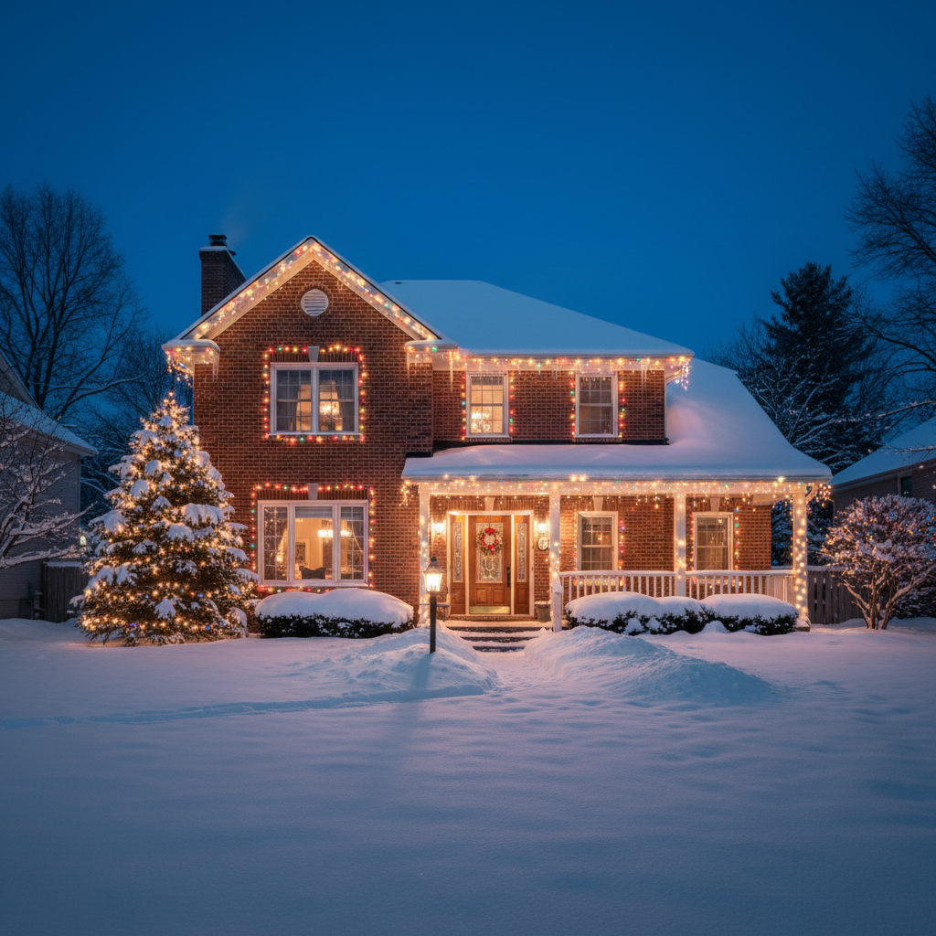 A two-story red brick suburban house decorated with Christmas lights, covered in snow, night time, cinematic lighting
