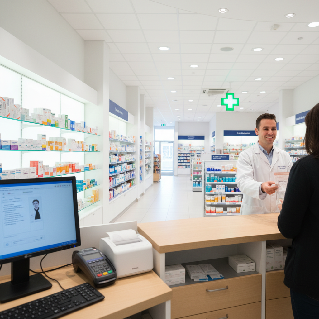 Pharmacy counter perspective first person view, professional, clean