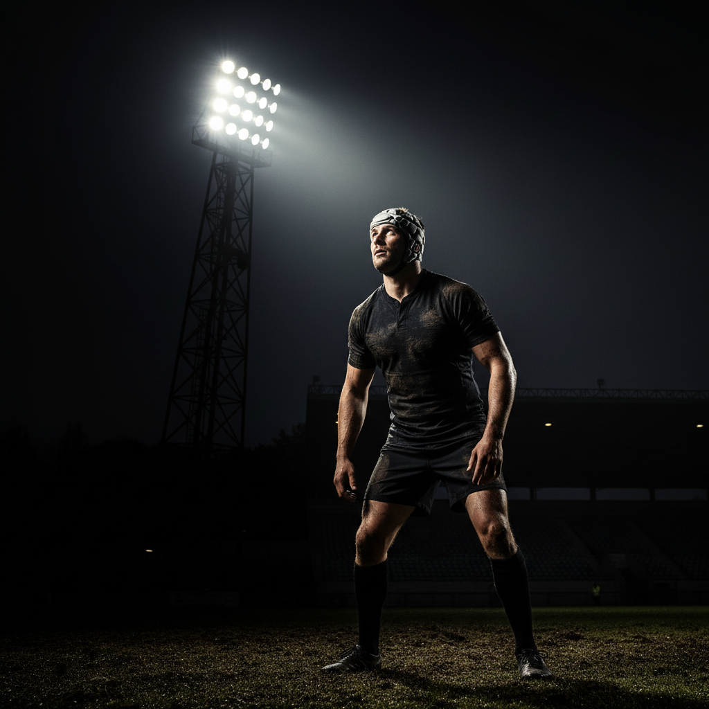 Inspirational shot of a rugby player looking towards a stadium light, symbolizing future potential, high contrast, professional photography