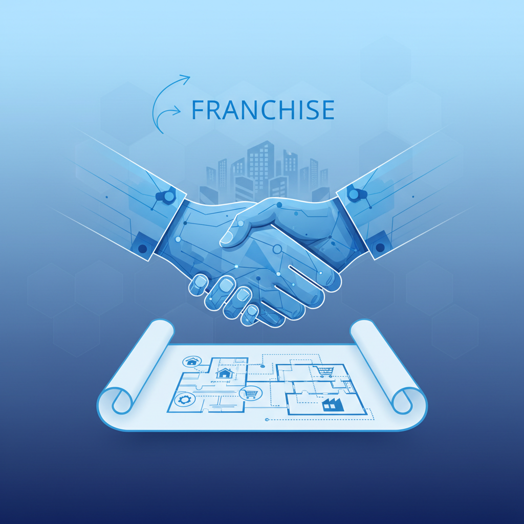 minimalist business illustration representing franchise model shaking hands over a blueprint blue tones