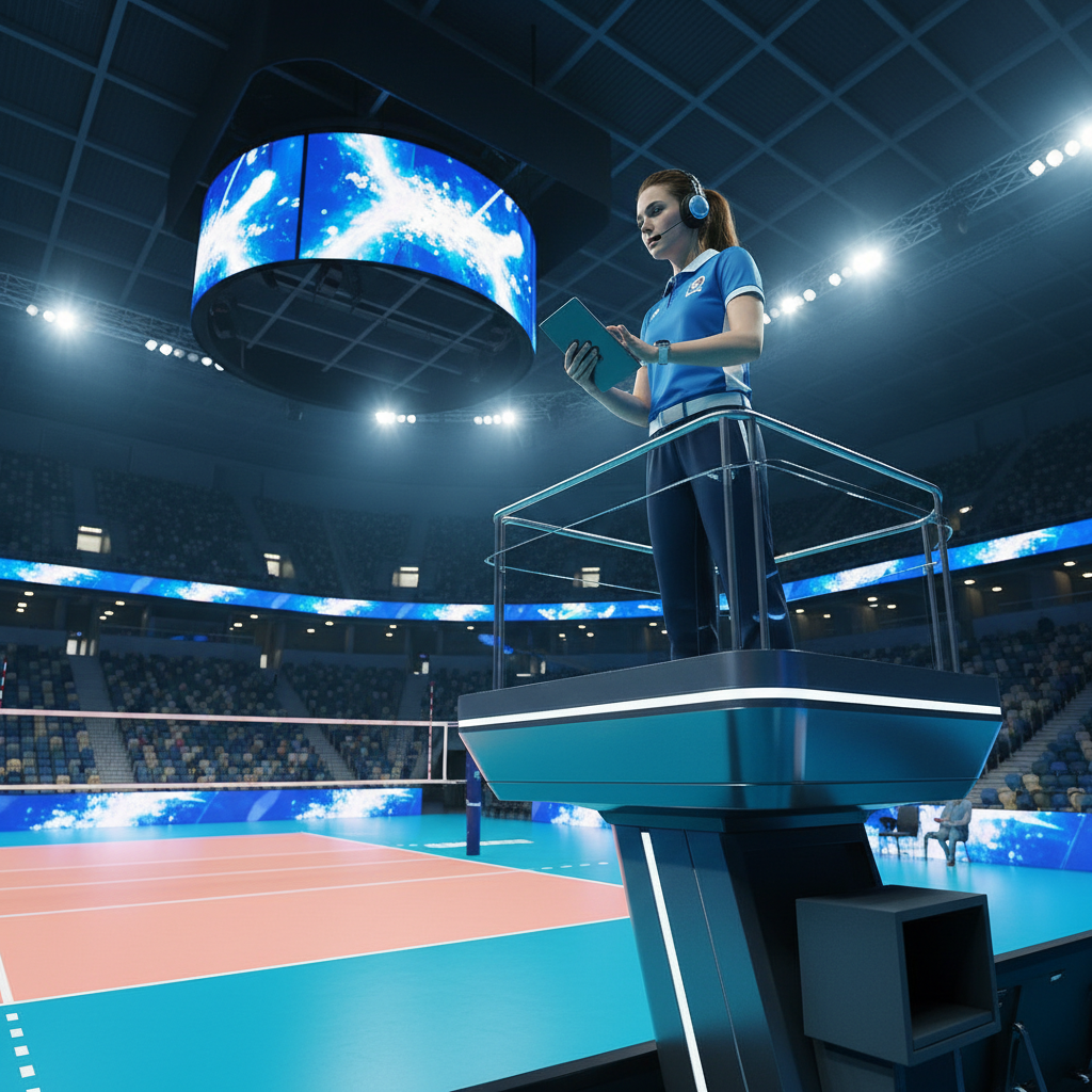 Modern volleyball referee standing on a podium with a headset and tablet, professional sports environment, low angle view