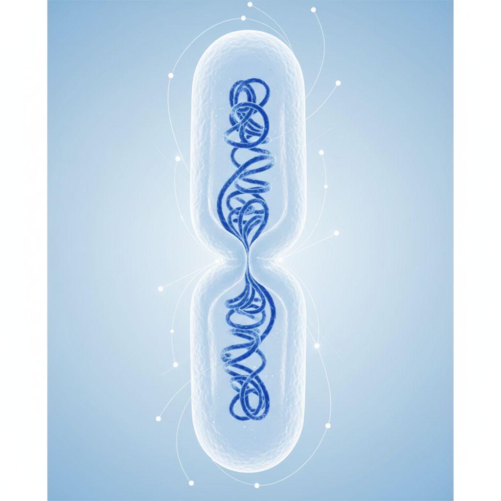 Close up 3D illustration of a bacterial cell dividing, scientific style, blue and white colors