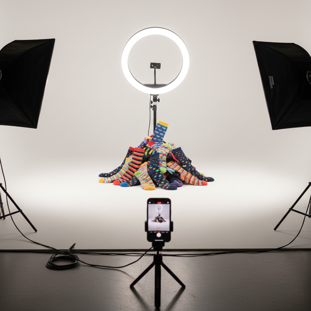 Cinematic shot of a ring light setup in a studio filming colorful socks on a bright background, phone on tripod recording, behind the scenes style