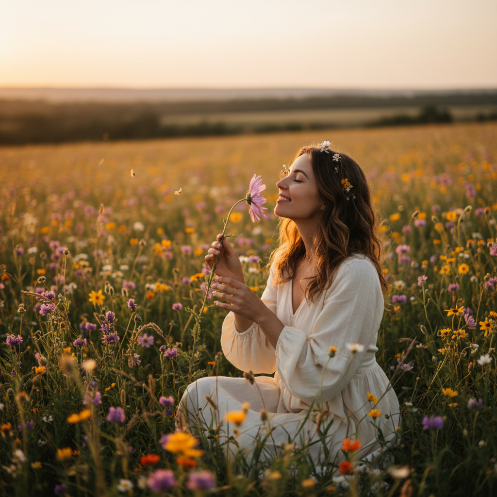 Beautiful evocative image of a woman smelling a flower in a field, soft focus, expressing delight and nature connection