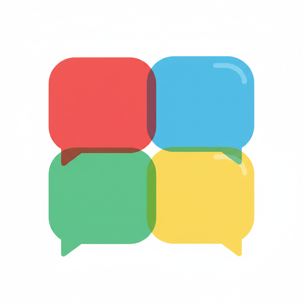 An illustration of four floating speech bubbles in bright colors (red, blue, green, yellow), flat vector style, white background.