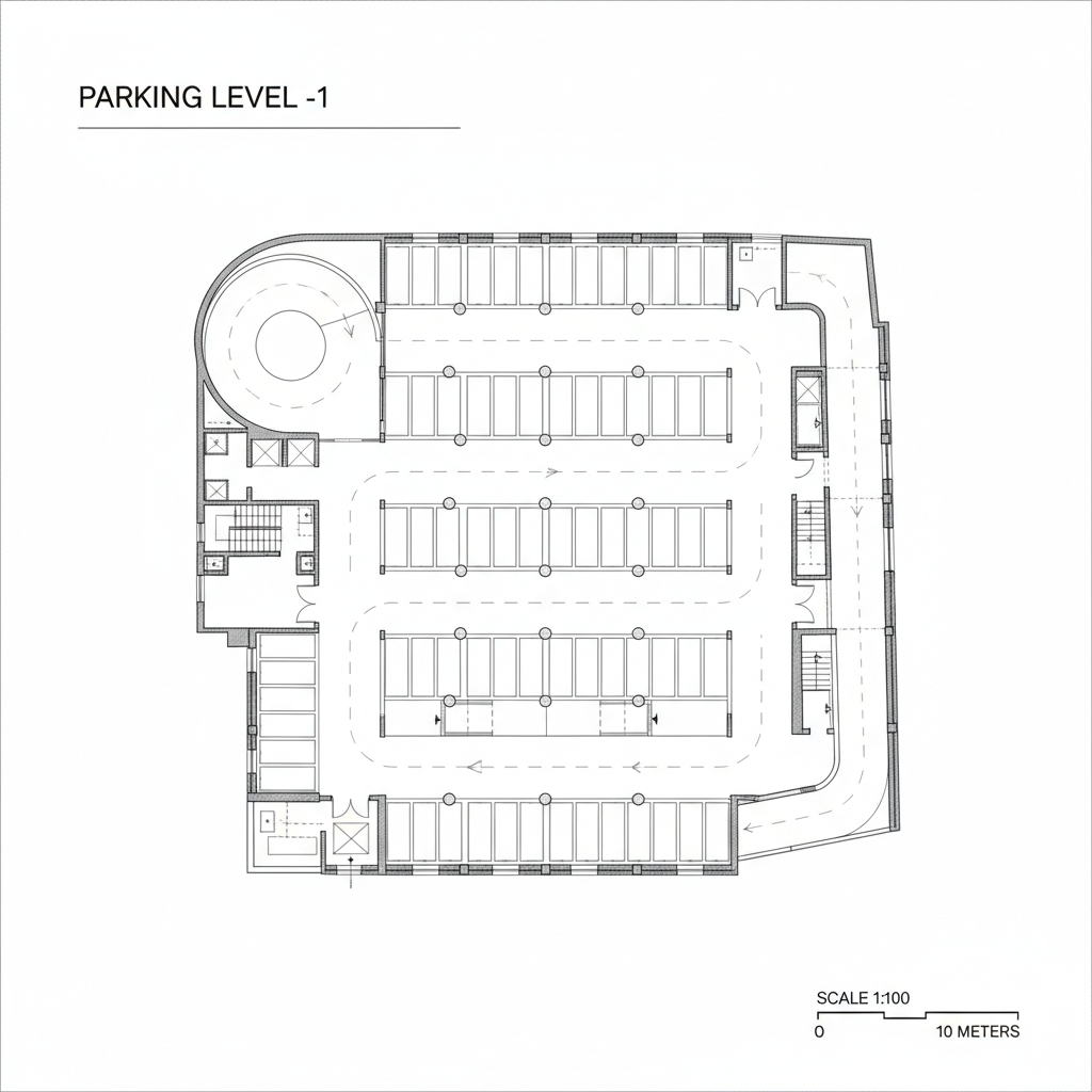 Architectural floor plan line drawing of a basement parking layout, black and white lines, technical drawing style, clean