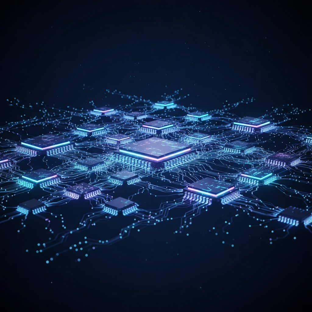 3D rendering of a distributed network of glowing computer chips and processors connected by light lines on a dark blue background