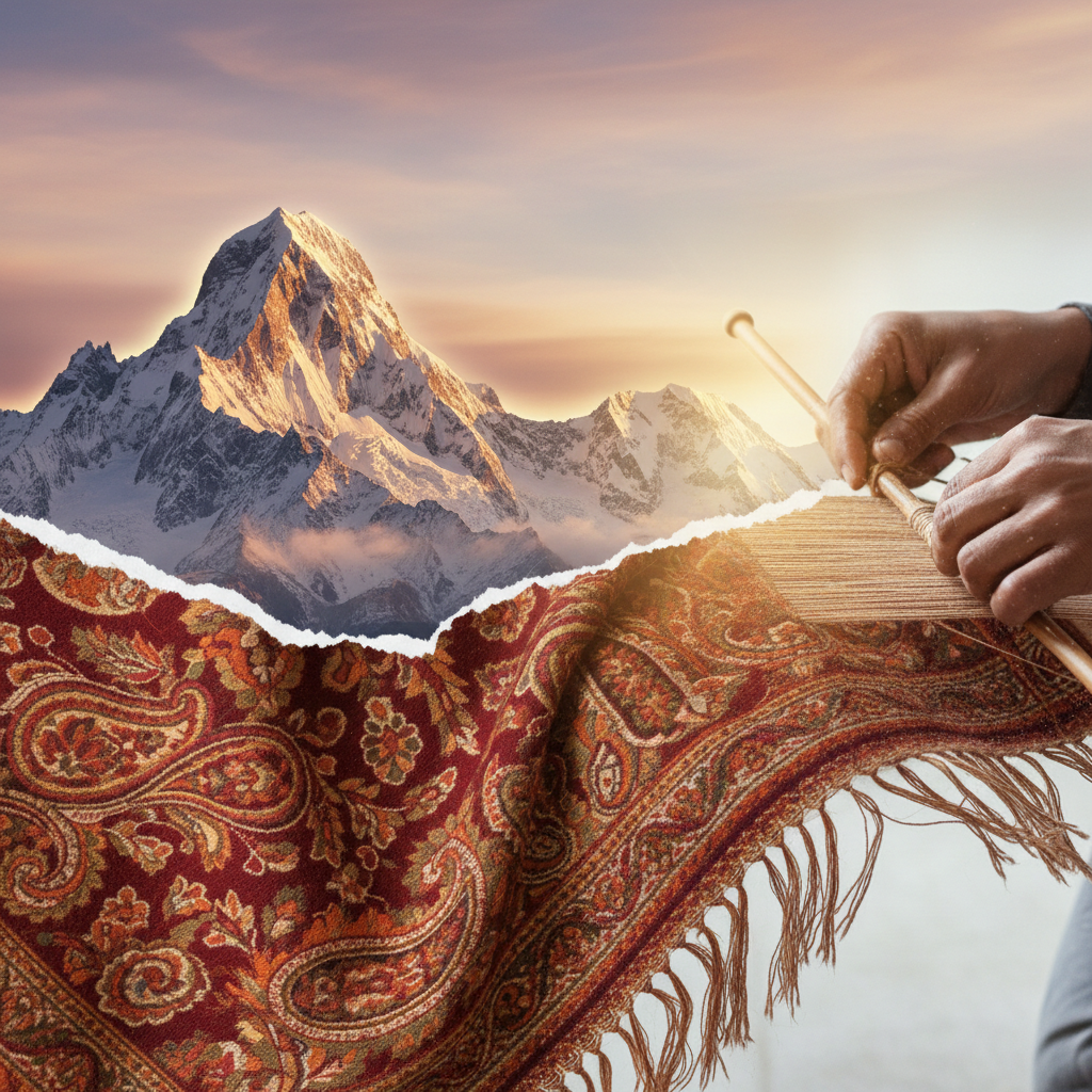Artistic collage style image blending a snowy mountain peak, a detail of a pashmina shawl, and the hands of an artisan working, warm and hopeful lighting.