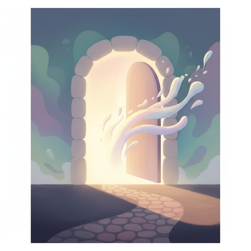 symbolic illustration of an open door with light coming through, metaphor for awareness and new beginning, soft pastel colors