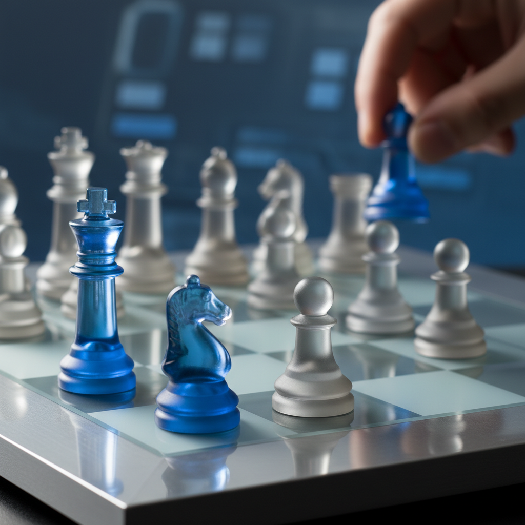 Close-up of a chess board with glass pieces, indicating strategic planning and decision making, blue and cool grey tones