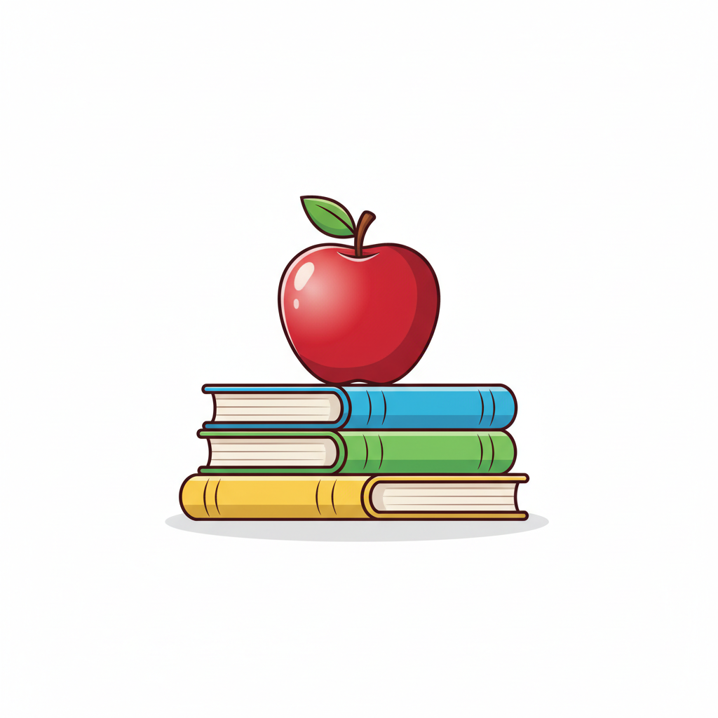 Cartoon illustration of a shiny red apple sitting on top of a stack of three school books, white background, vector art style