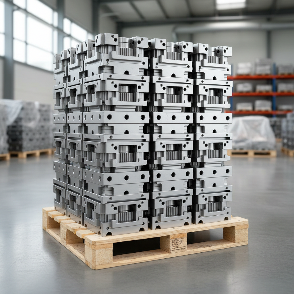 A neat stack of industrial components on a pallet in a warehouse, minimal and organized, representing a production lot