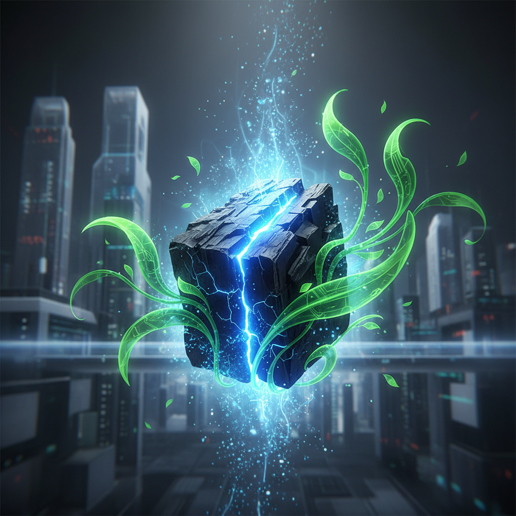 Futuristic clean energy concept, a piece of black coal glowing with clean blue light, merging with green leaves, symbolizing clean coal technology, high tech look.