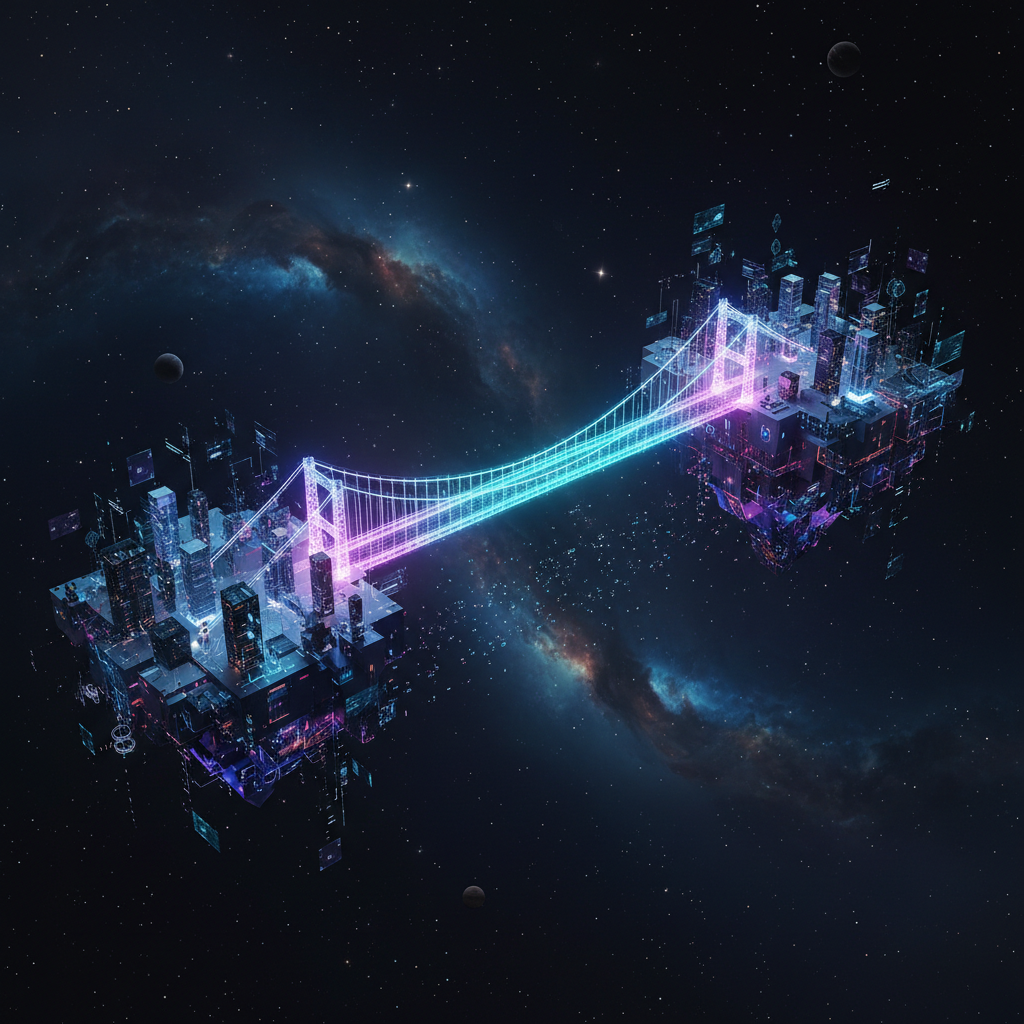 two separate floating digital islands connected by a high-tech glowing suspension bridge, representing data connection, sci-fi style