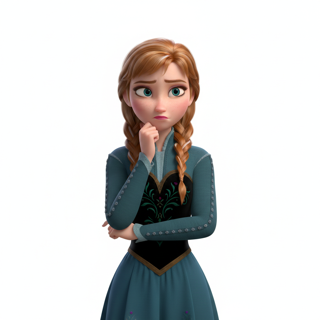 Anna from Frozen looking thoughtful and pensive, hand on chin, 3d render style, isolated on white background