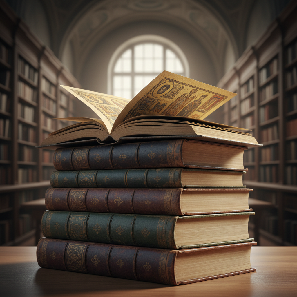 Stack of old leather bound history books about Byzantine art, library background