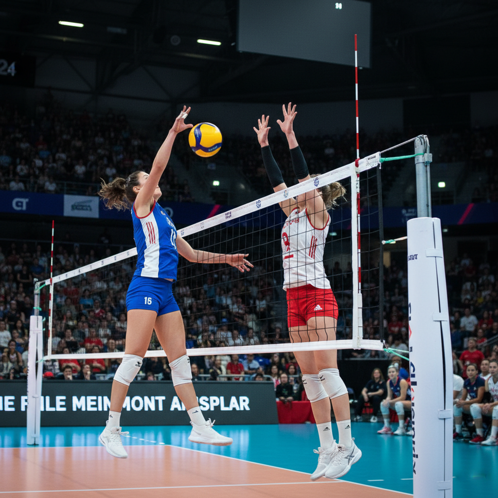 Professional volleyball match indoor arena, dynamic action shot, clear net, bright lighting, broadcast style