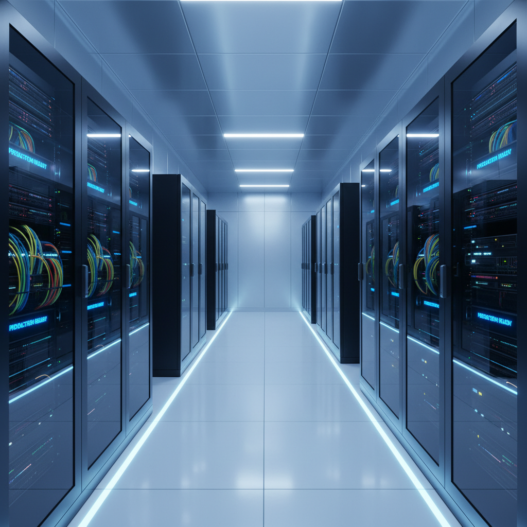 Modern server room or clean corporate data center hallway, symbolizing production readiness, blue tones, photorealistic