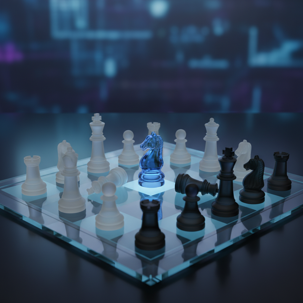 chess pieces on a glass board, a unique glowing blue knight piece standing out against standard pawns, strategic advantage concept