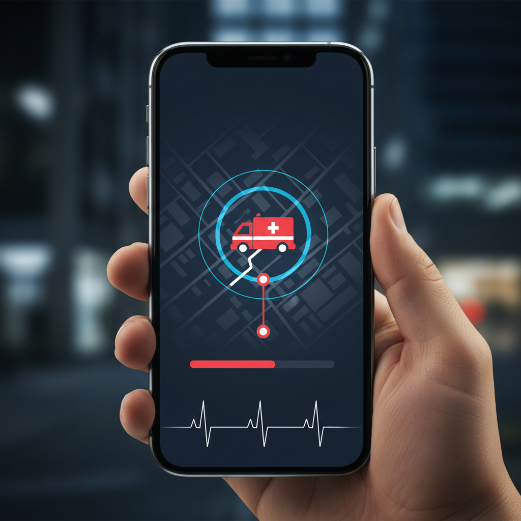 Modern smartphone displaying a medical emergency app interface with a map and ambulance icon, sleek dark mode design