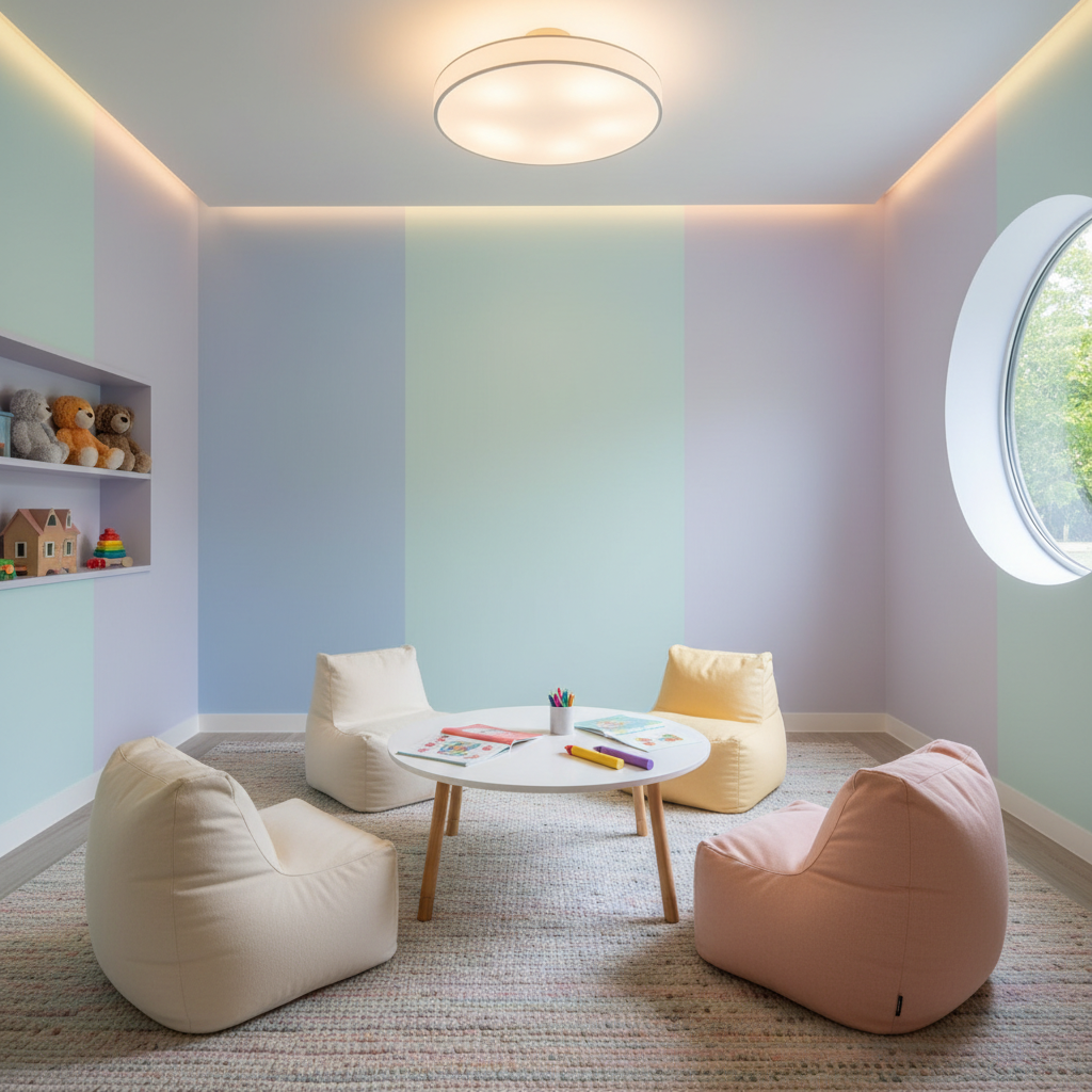 A modern, soft interrogation room designed for children, pastel colors, bean bag chair, round table, non-threatening atmosphere, realistic photo