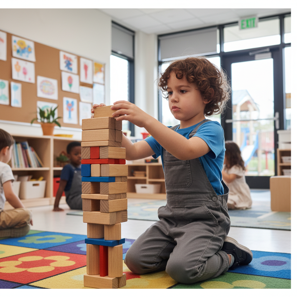 Child building tall tower with wooden blocks, focused expression, classroom background, photorealistic
